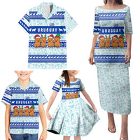 Uruguay Christmas Family Matching Puletasi and Hawaiian Shirt with Capybaras Holiday Tree Sun Emblem and Blue Festive Pattern - Wonder Print Shop