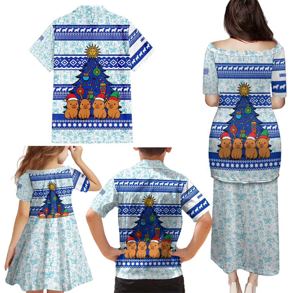 Uruguay Christmas Family Matching Puletasi and Hawaiian Shirt with Capybaras Holiday Tree Sun Emblem and Blue Festive Pattern - Wonder Print Shop
