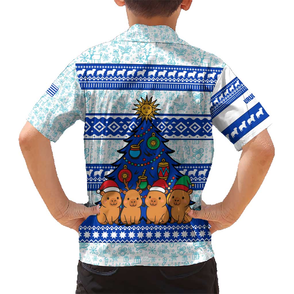 Uruguay Christmas Family Matching Short Sleeve Bodycon Dress and Hawaiian Shirt with Capybaras Holiday Tree Sun Emblem and Blue Festive Pattern - Wonder Print Shop