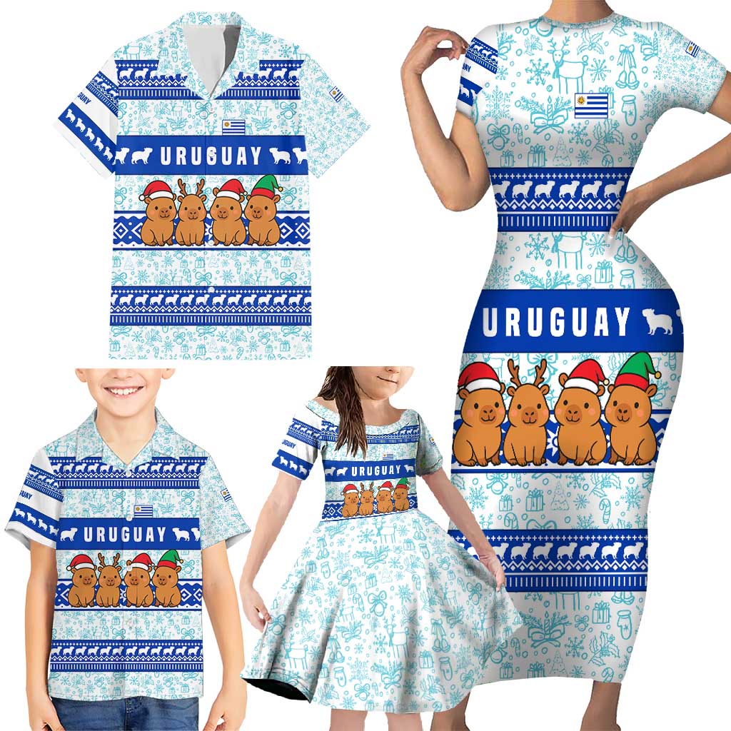 Uruguay Christmas Family Matching Short Sleeve Bodycon Dress and Hawaiian Shirt with Capybaras Holiday Tree Sun Emblem and Blue Festive Pattern - Wonder Print Shop