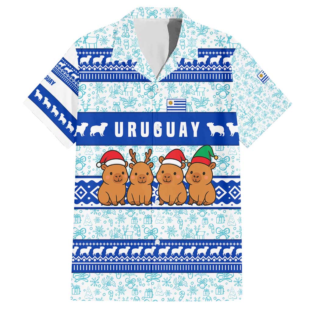 Uruguay Christmas Family Matching Short Sleeve Bodycon Dress and Hawaiian Shirt with Capybaras Holiday Tree Sun Emblem and Blue Festive Pattern - Wonder Print Shop