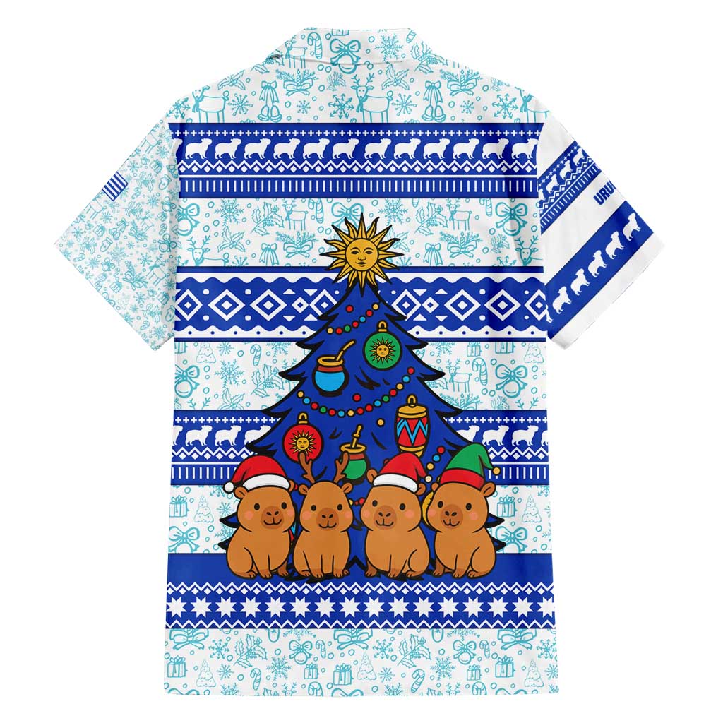 Uruguay Christmas Family Matching Short Sleeve Bodycon Dress and Hawaiian Shirt with Capybaras Holiday Tree Sun Emblem and Blue Festive Pattern - Wonder Print Shop