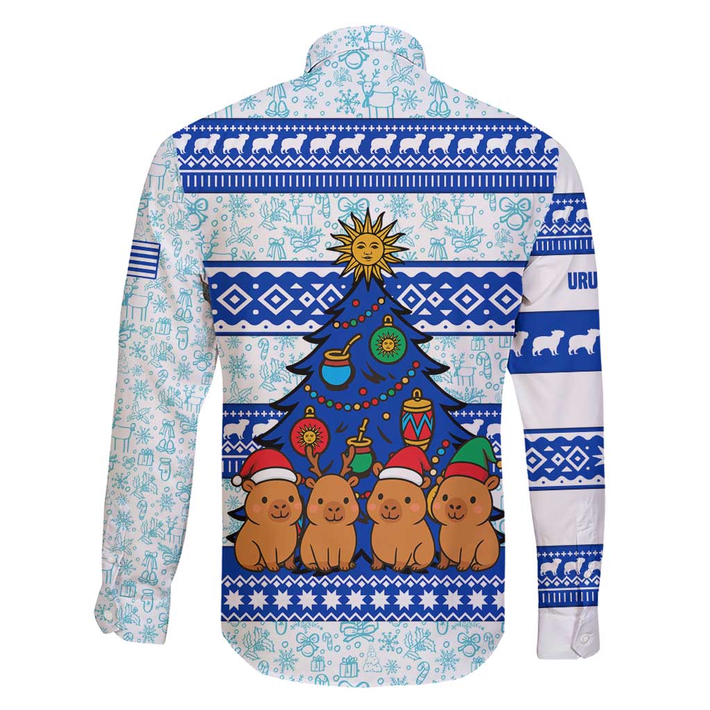 Uruguay Christmas Family Matching Short Sleeve Bodycon Dress and Hawaiian Shirt with Capybaras Holiday Tree Sun Emblem and Blue Festive Pattern - Wonder Print Shop