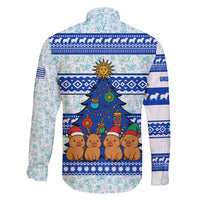 Uruguay Christmas Family Matching Short Sleeve Bodycon Dress and Hawaiian Shirt with Capybaras Holiday Tree Sun Emblem and Blue Festive Pattern - Wonder Print Shop