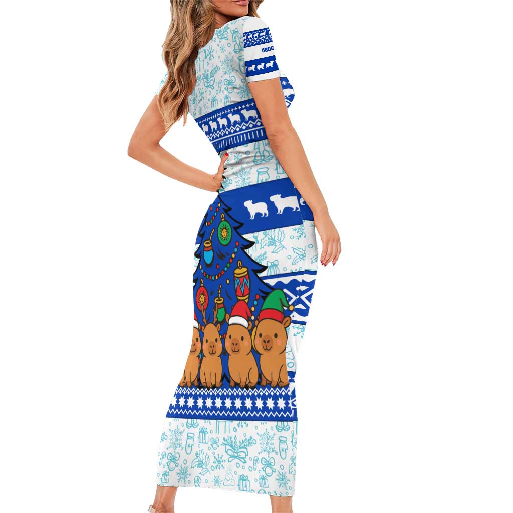 Uruguay Christmas Family Matching Short Sleeve Bodycon Dress and Hawaiian Shirt with Capybaras Holiday Tree Sun Emblem and Blue Festive Pattern - Wonder Print Shop