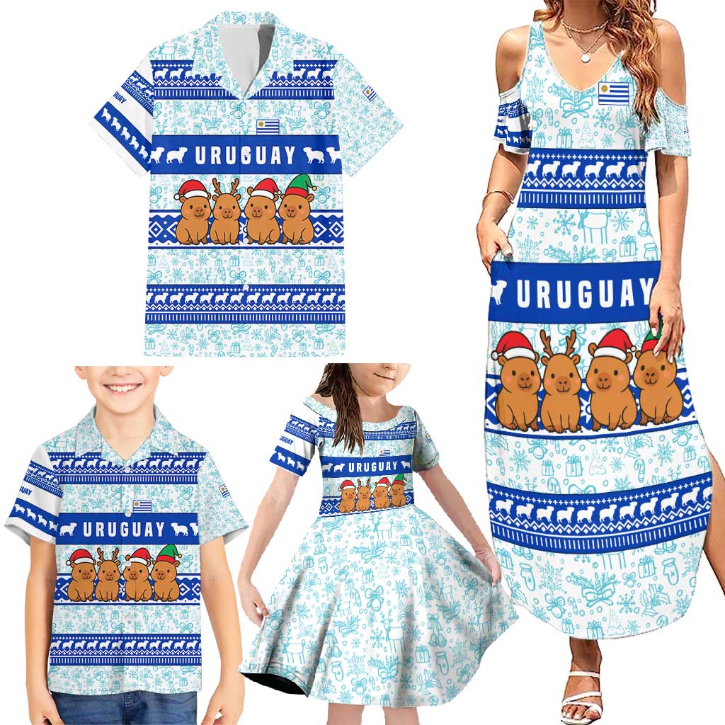 Uruguay Christmas Family Matching Summer Maxi Dress and Hawaiian Shirt with Capybaras Holiday Tree Sun Emblem and Blue Festive Pattern - Wonder Print Shop