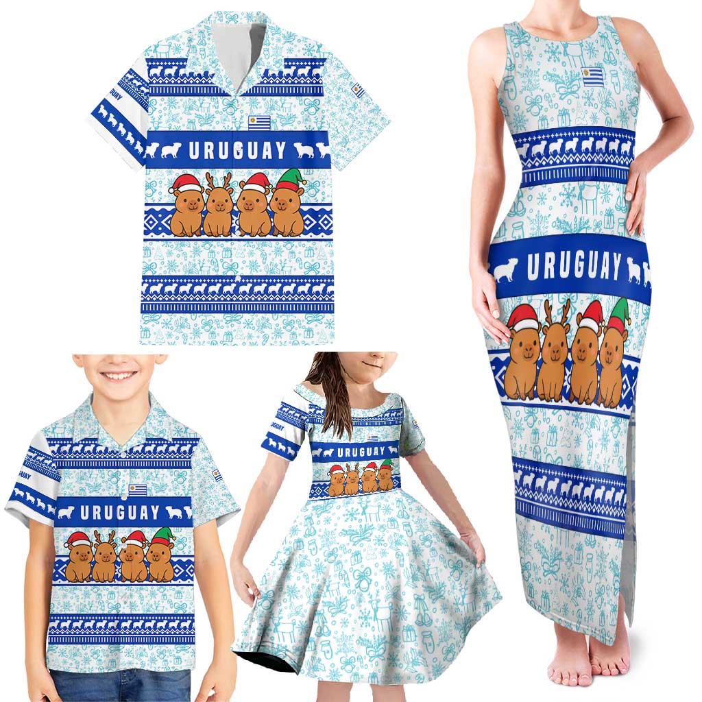 Uruguay Christmas Family Matching Tank Maxi Dress and Hawaiian Shirt with Capybaras Holiday Tree Sun Emblem and Blue Festive Pattern - Wonder Print Shop