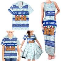 Uruguay Christmas Family Matching Tank Maxi Dress and Hawaiian Shirt with Capybaras Holiday Tree Sun Emblem and Blue Festive Pattern - Wonder Print Shop