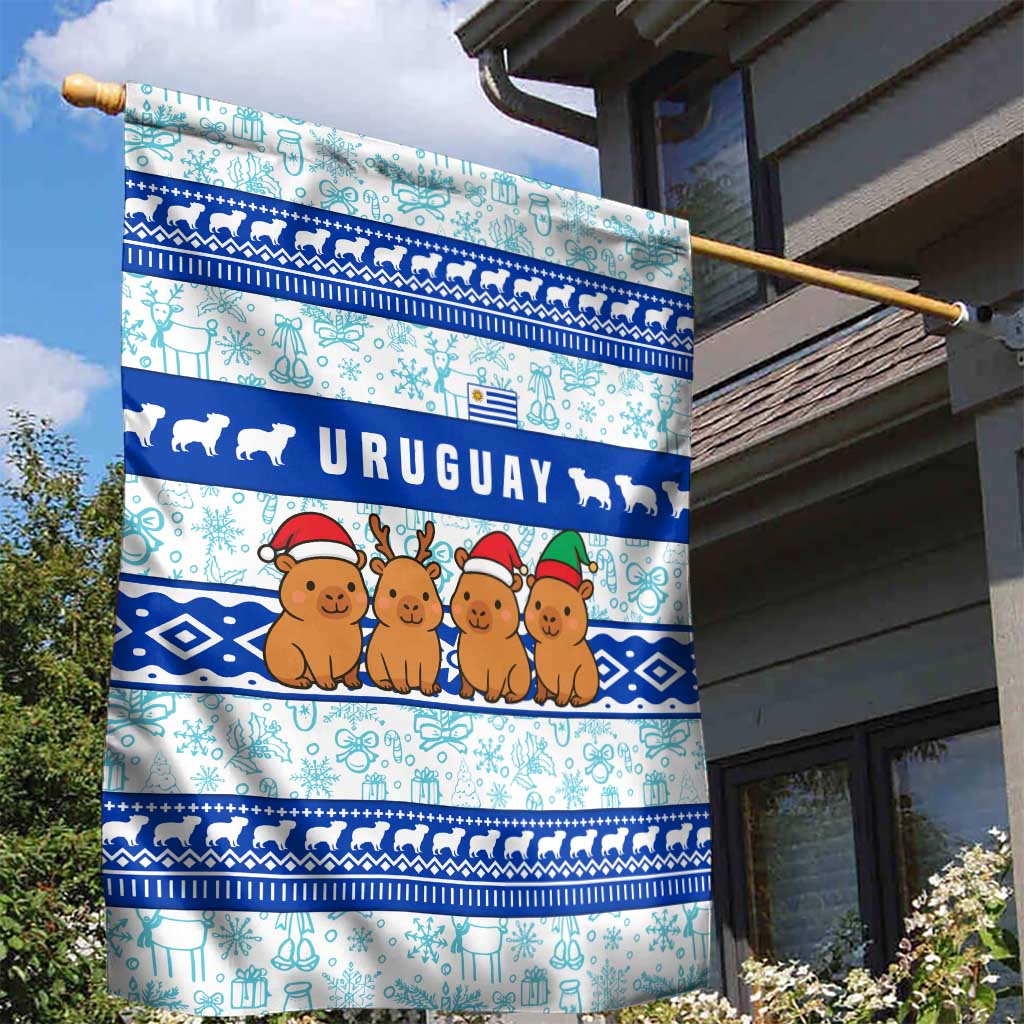 Uruguay Christmas Garden Flag with Capybaras Holiday Tree Sun Emblem and Blue Festive Pattern - Wonder Print Shop