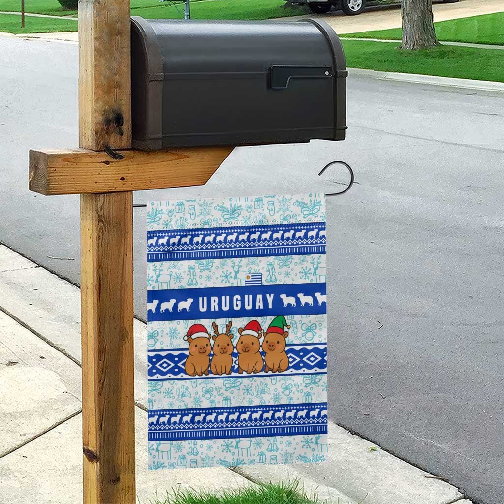 Uruguay Christmas Garden Flag with Capybaras Holiday Tree Sun Emblem and Blue Festive Pattern - Wonder Print Shop