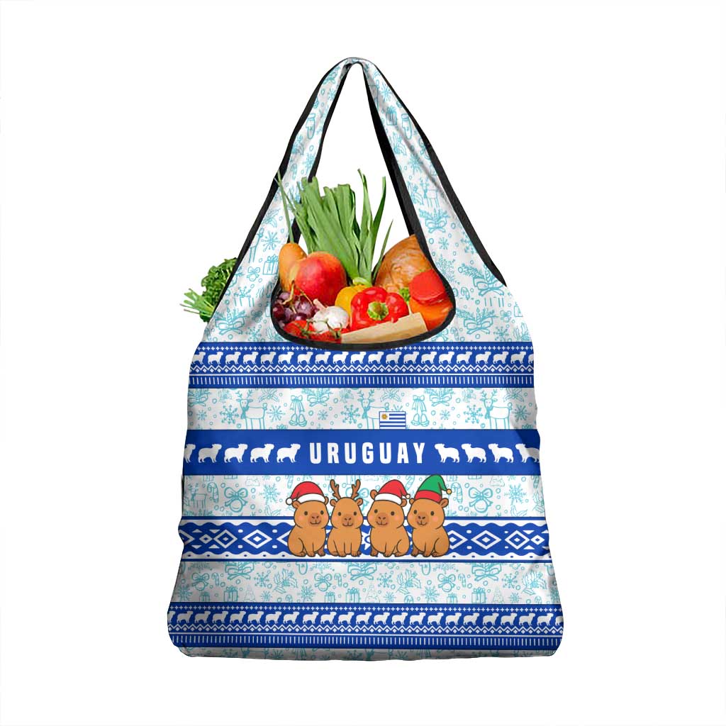 Uruguay Christmas Grocery Bag with Capybaras Holiday Tree Sun Emblem and Blue Festive Pattern - Wonder Print Shop