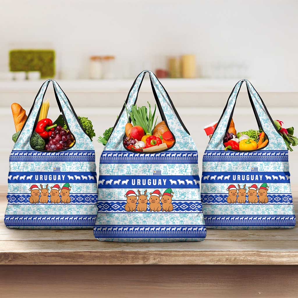 Uruguay Christmas Grocery Bag with Capybaras Holiday Tree Sun Emblem and Blue Festive Pattern - Wonder Print Shop
