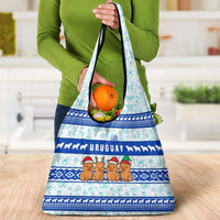Uruguay Christmas Grocery Bag with Capybaras Holiday Tree Sun Emblem and Blue Festive Pattern - Wonder Print Shop