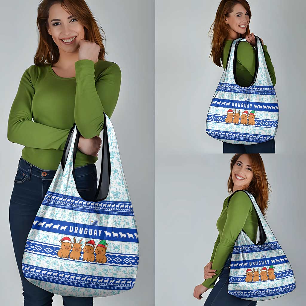 Uruguay Christmas Grocery Bag with Capybaras Holiday Tree Sun Emblem and Blue Festive Pattern - Wonder Print Shop