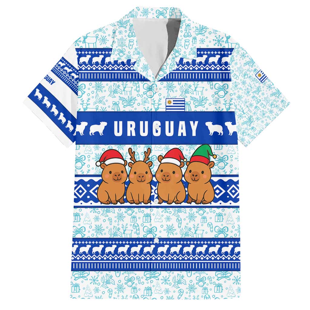 Uruguay Christmas Hawaiian Shirt with Capybaras Holiday Tree Sun Emblem and Blue Festive Pattern - Wonder Print Shop