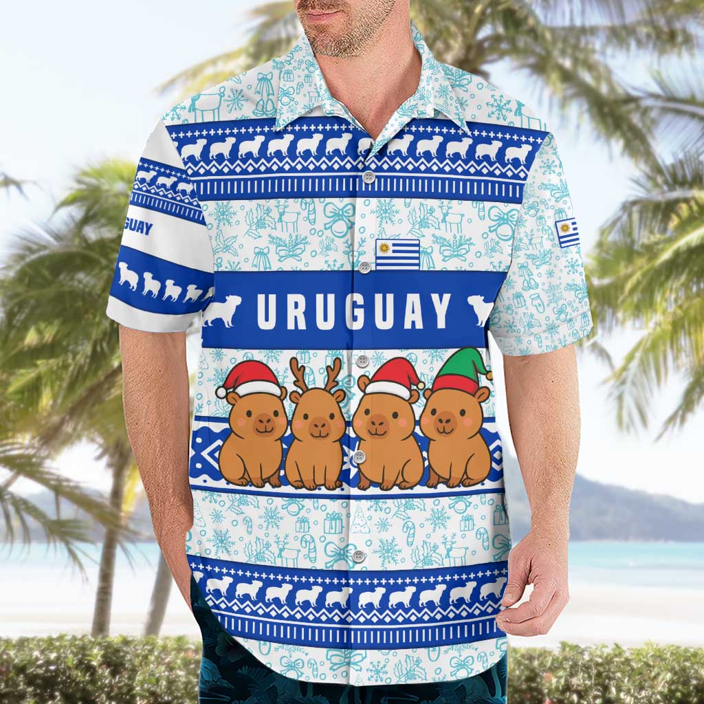 Uruguay Christmas Hawaiian Shirt with Capybaras Holiday Tree Sun Emblem and Blue Festive Pattern - Wonder Print Shop