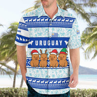 Uruguay Christmas Hawaiian Shirt with Capybaras Holiday Tree Sun Emblem and Blue Festive Pattern - Wonder Print Shop