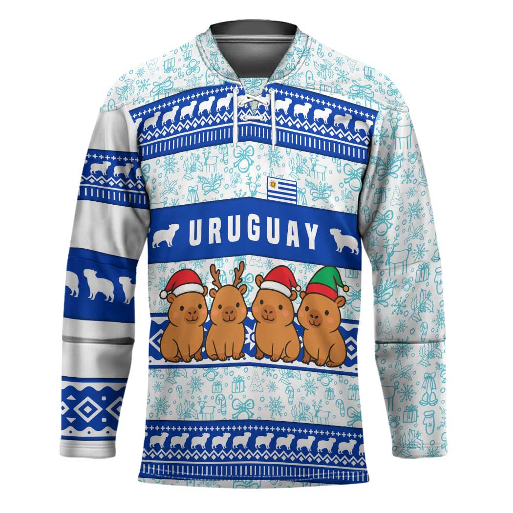 Uruguay Christmas Hockey Jersey with Capybaras Holiday Tree Sun Emblem and Blue Festive Pattern - Wonder Print Shop