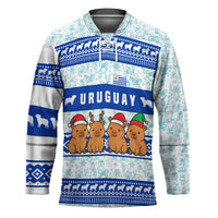 Uruguay Christmas Hockey Jersey with Capybaras Holiday Tree Sun Emblem and Blue Festive Pattern - Wonder Print Shop