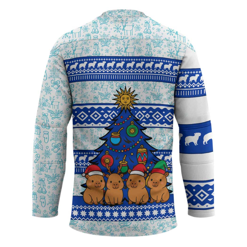 Uruguay Christmas Hockey Jersey with Capybaras Holiday Tree Sun Emblem and Blue Festive Pattern - Wonder Print Shop