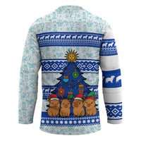 Uruguay Christmas Hockey Jersey with Capybaras Holiday Tree Sun Emblem and Blue Festive Pattern - Wonder Print Shop