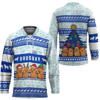 Uruguay Christmas Hockey Jersey with Capybaras Holiday Tree Sun Emblem and Blue Festive Pattern - Wonder Print Shop