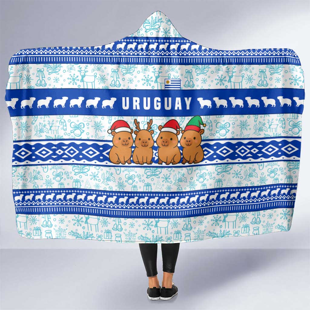 Uruguay Christmas Hooded Blanket with Capybaras Holiday Tree Sun Emblem and Blue Festive Pattern - Wonder Print Shop