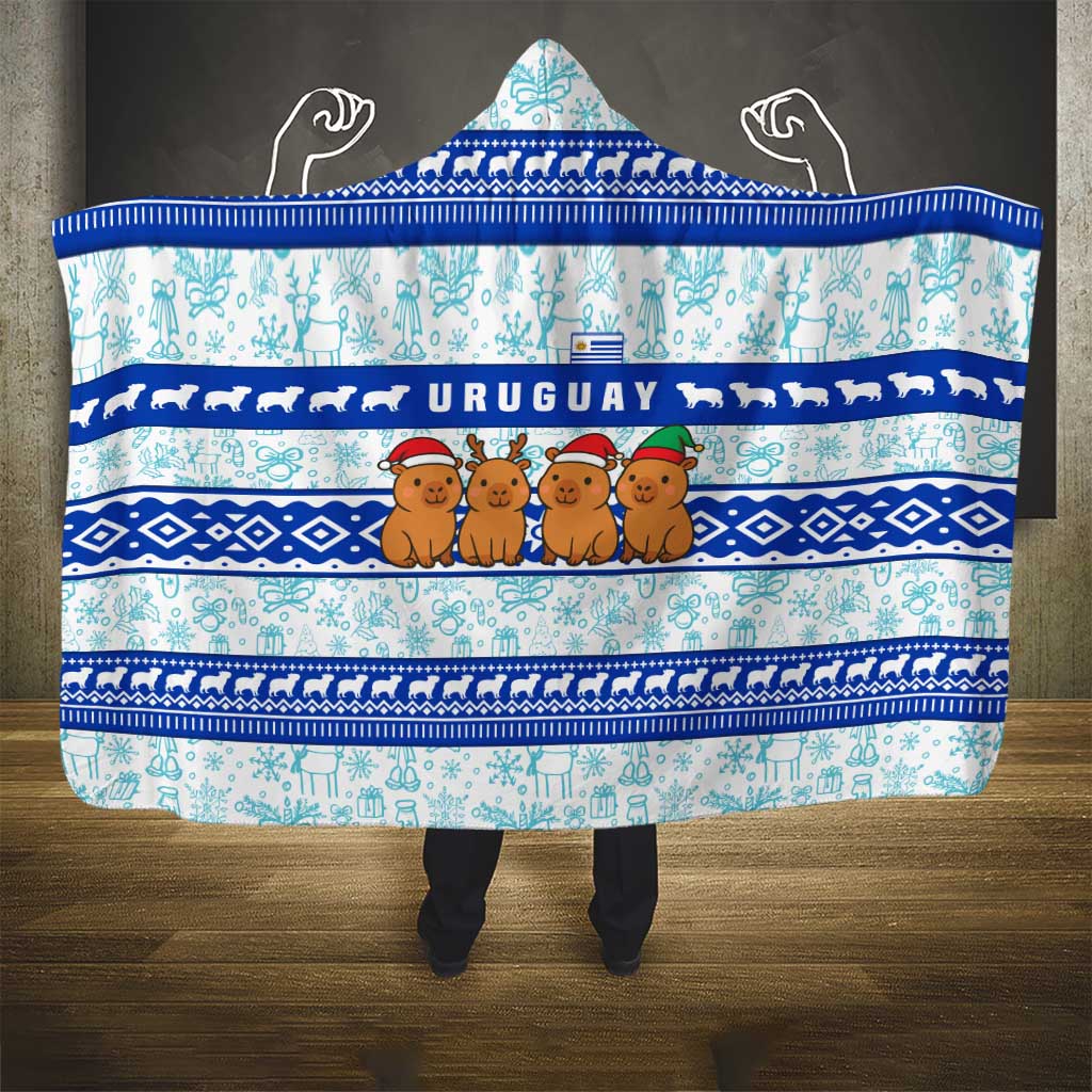 Uruguay Christmas Hooded Blanket with Capybaras Holiday Tree Sun Emblem and Blue Festive Pattern - Wonder Print Shop