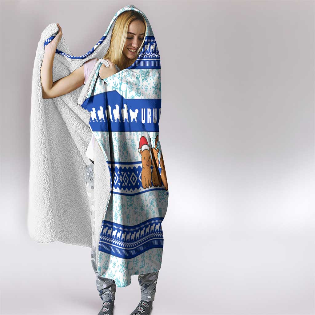 Uruguay Christmas Hooded Blanket with Capybaras Holiday Tree Sun Emblem and Blue Festive Pattern - Wonder Print Shop
