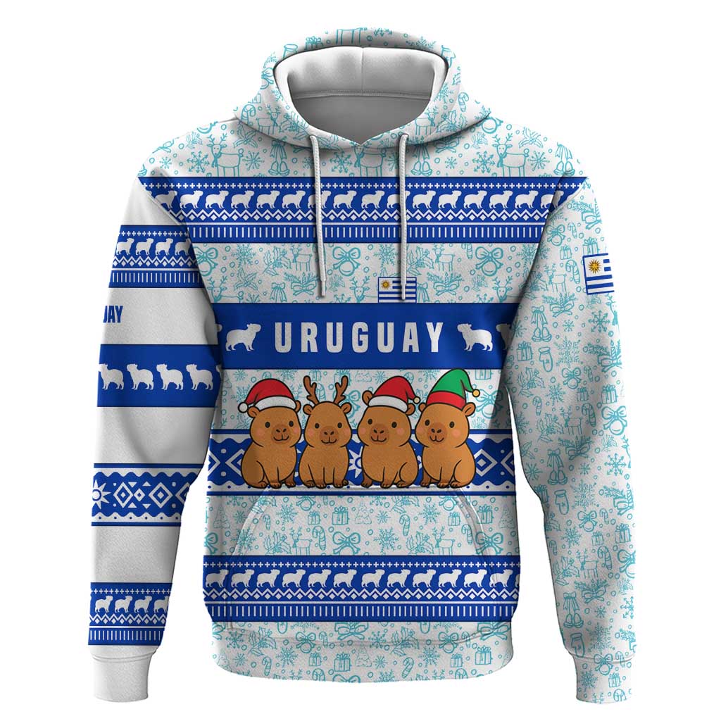 Uruguay Christmas Hoodie with Capybaras Holiday Tree Sun Emblem and Blue Festive Pattern - Wonder Print Shop