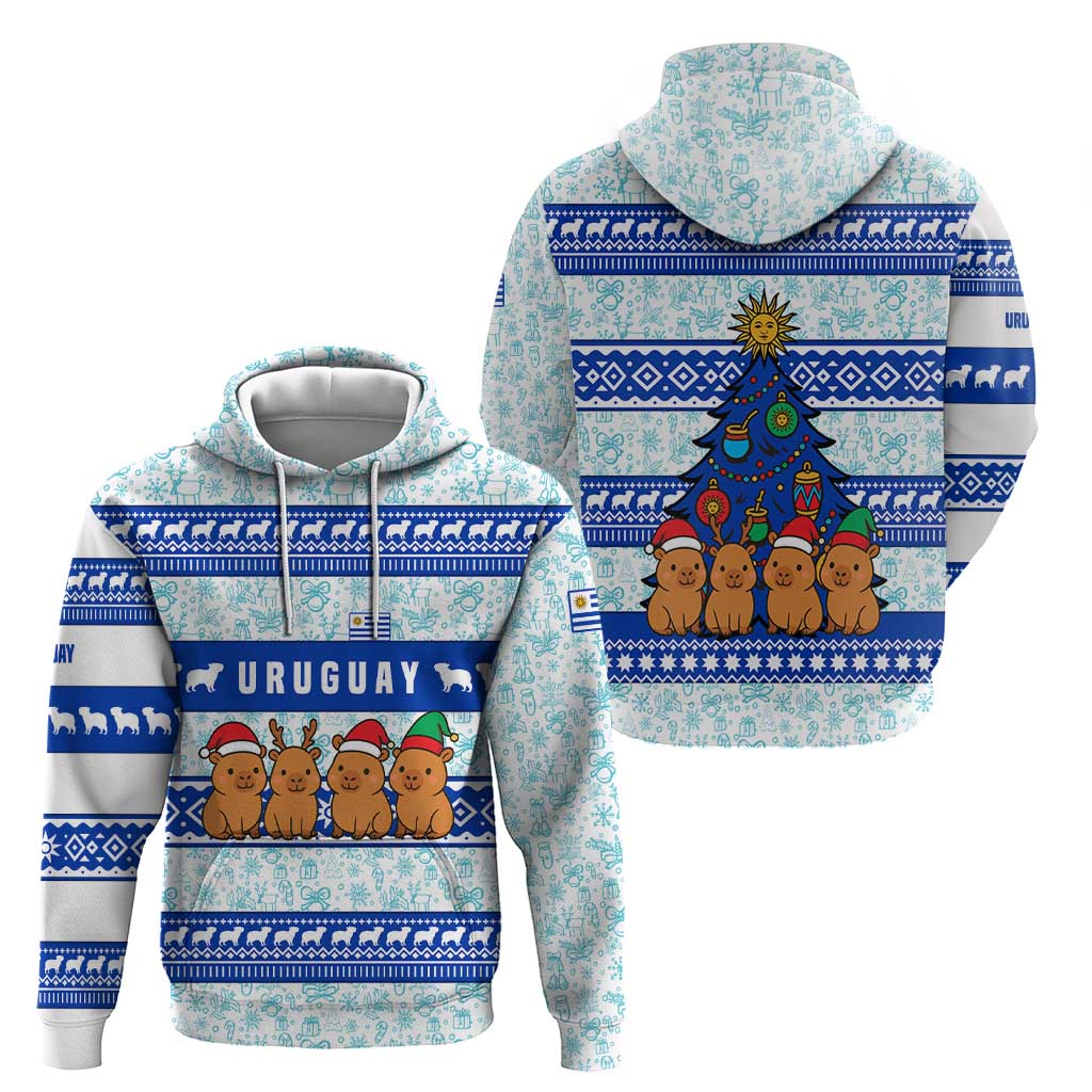 Uruguay Christmas Hoodie with Capybaras Holiday Tree Sun Emblem and Blue Festive Pattern - Wonder Print Shop