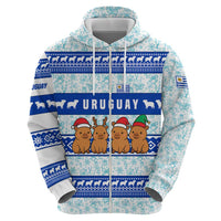 Uruguay Christmas Hoodie with Capybaras Holiday Tree Sun Emblem and Blue Festive Pattern - Wonder Print Shop