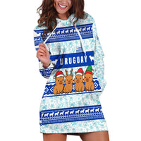 Uruguay Christmas Hoodie Dress with Capybaras Holiday Tree Sun Emblem and Blue Festive Pattern - Wonder Print Shop
