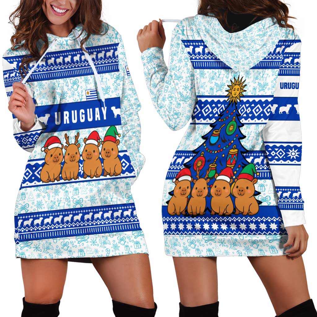 Uruguay Christmas Hoodie Dress with Capybaras Holiday Tree Sun Emblem and Blue Festive Pattern - Wonder Print Shop
