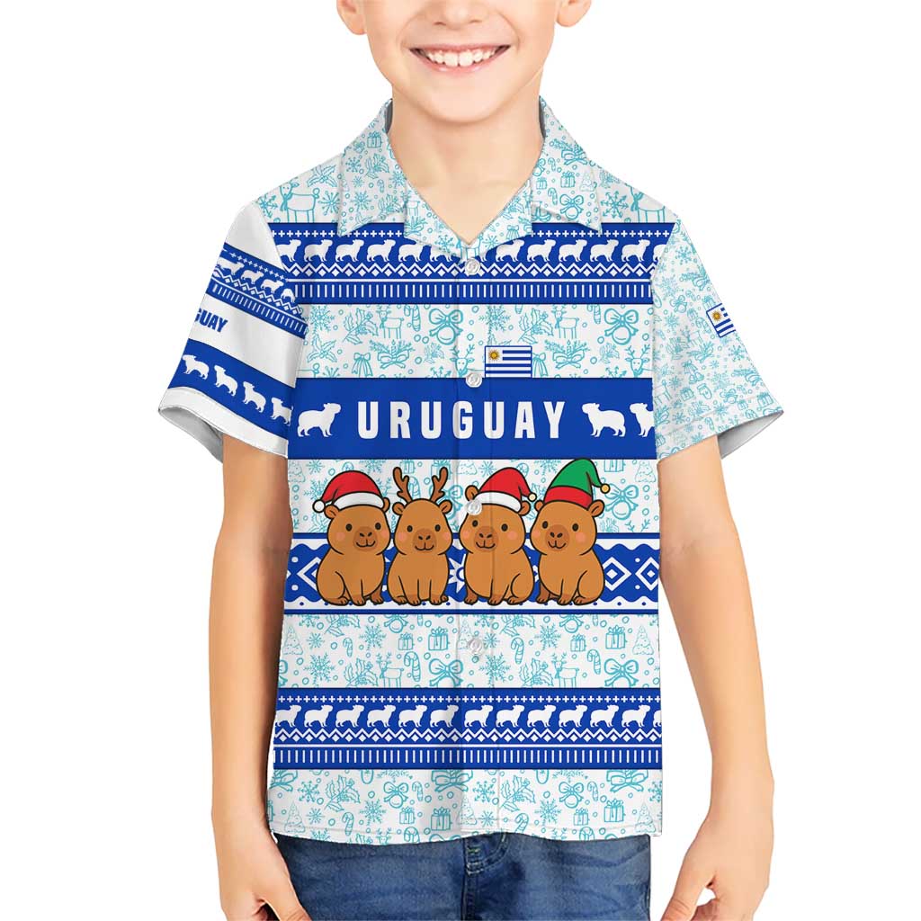 Uruguay Christmas Kid Hawaiian Shirt with Capybaras Holiday Tree Sun Emblem and Blue Festive Pattern - Wonder Print Shop