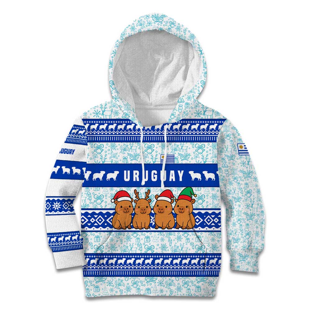 Uruguay Christmas Kid Hoodie with Capybaras Holiday Tree Sun Emblem and Blue Festive Pattern - Wonder Print Shop
