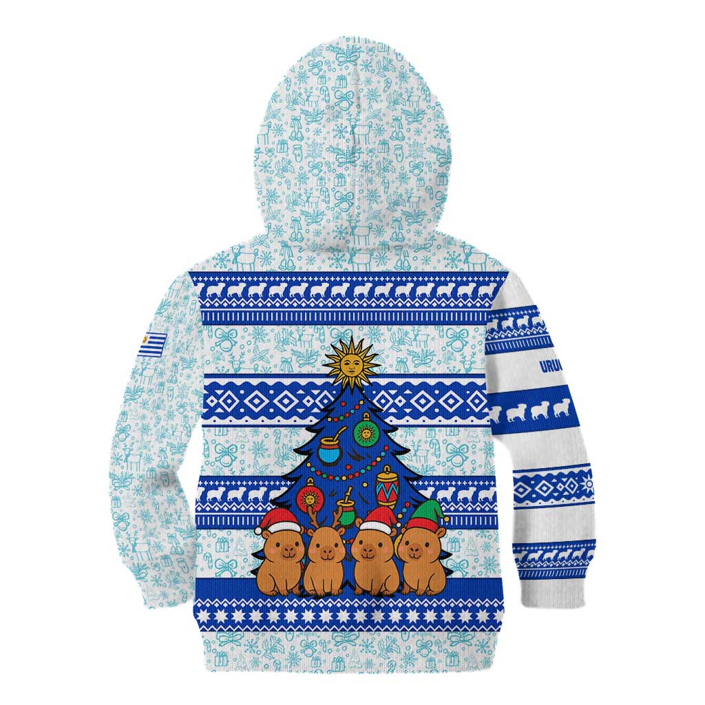 Uruguay Christmas Kid Hoodie with Capybaras Holiday Tree Sun Emblem and Blue Festive Pattern - Wonder Print Shop