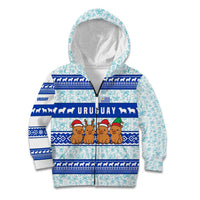 Uruguay Christmas Kid Hoodie with Capybaras Holiday Tree Sun Emblem and Blue Festive Pattern - Wonder Print Shop