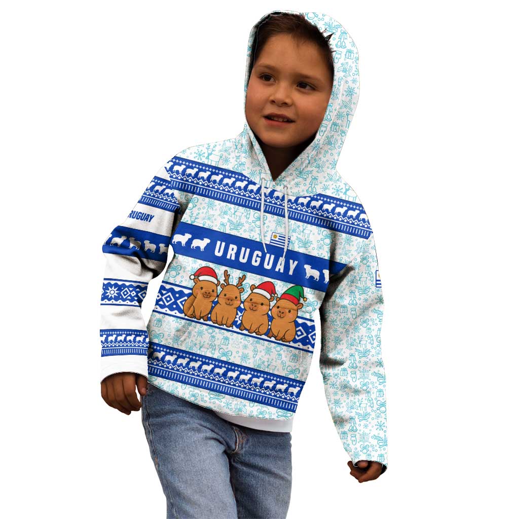 Uruguay Christmas Kid Hoodie with Capybaras Holiday Tree Sun Emblem and Blue Festive Pattern - Wonder Print Shop