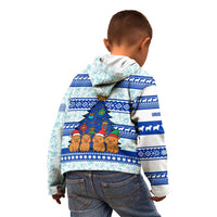 Uruguay Christmas Kid Hoodie with Capybaras Holiday Tree Sun Emblem and Blue Festive Pattern - Wonder Print Shop