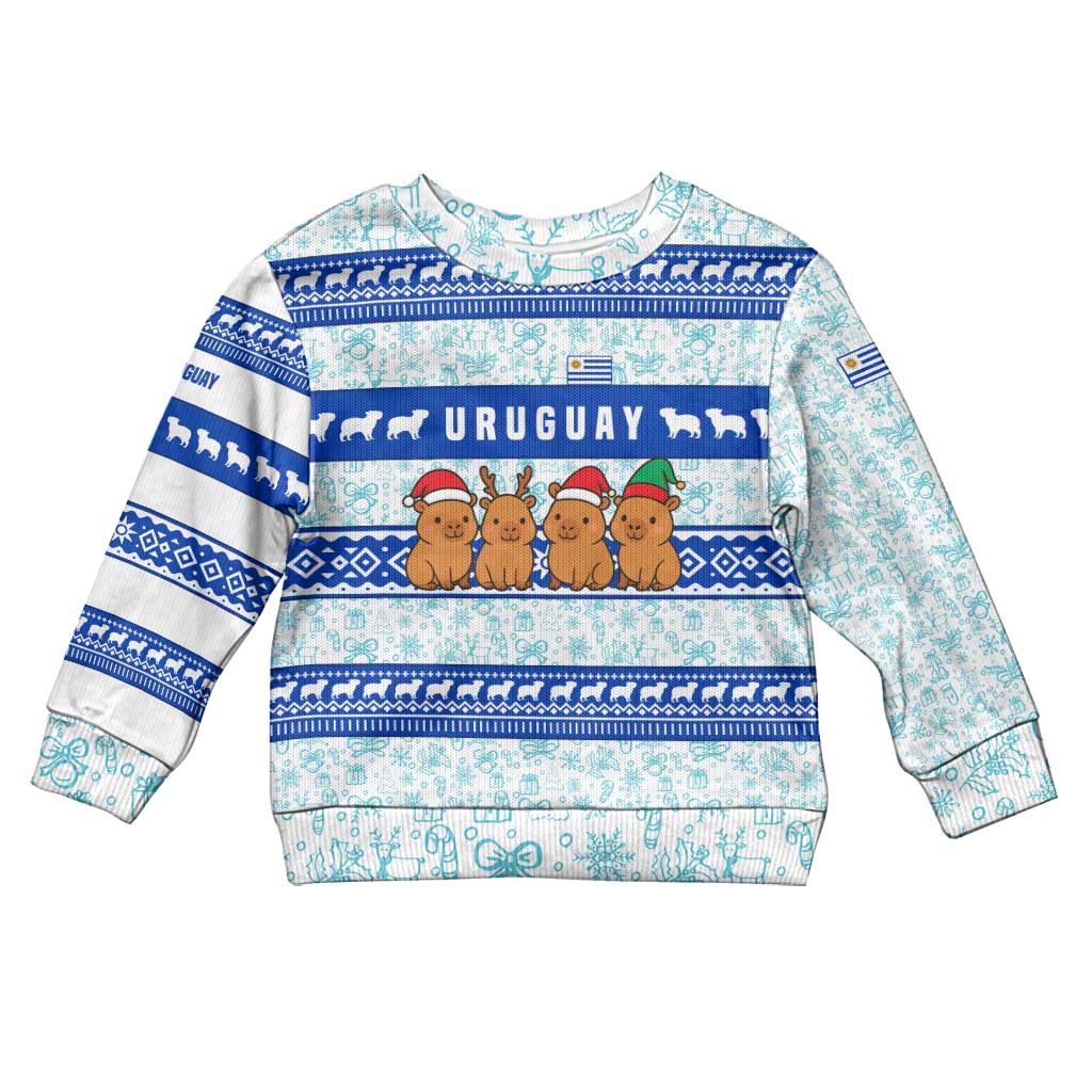 Uruguay Christmas Kid Ugly Christmas Sweater with Capybaras Holiday Tree Sun Emblem and Blue Festive Pattern - Wonder Print Shop