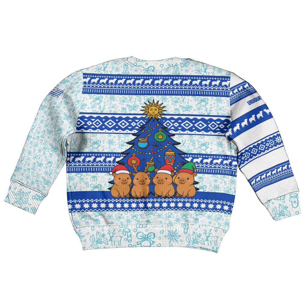 Uruguay Christmas Kid Ugly Christmas Sweater with Capybaras Holiday Tree Sun Emblem and Blue Festive Pattern - Wonder Print Shop
