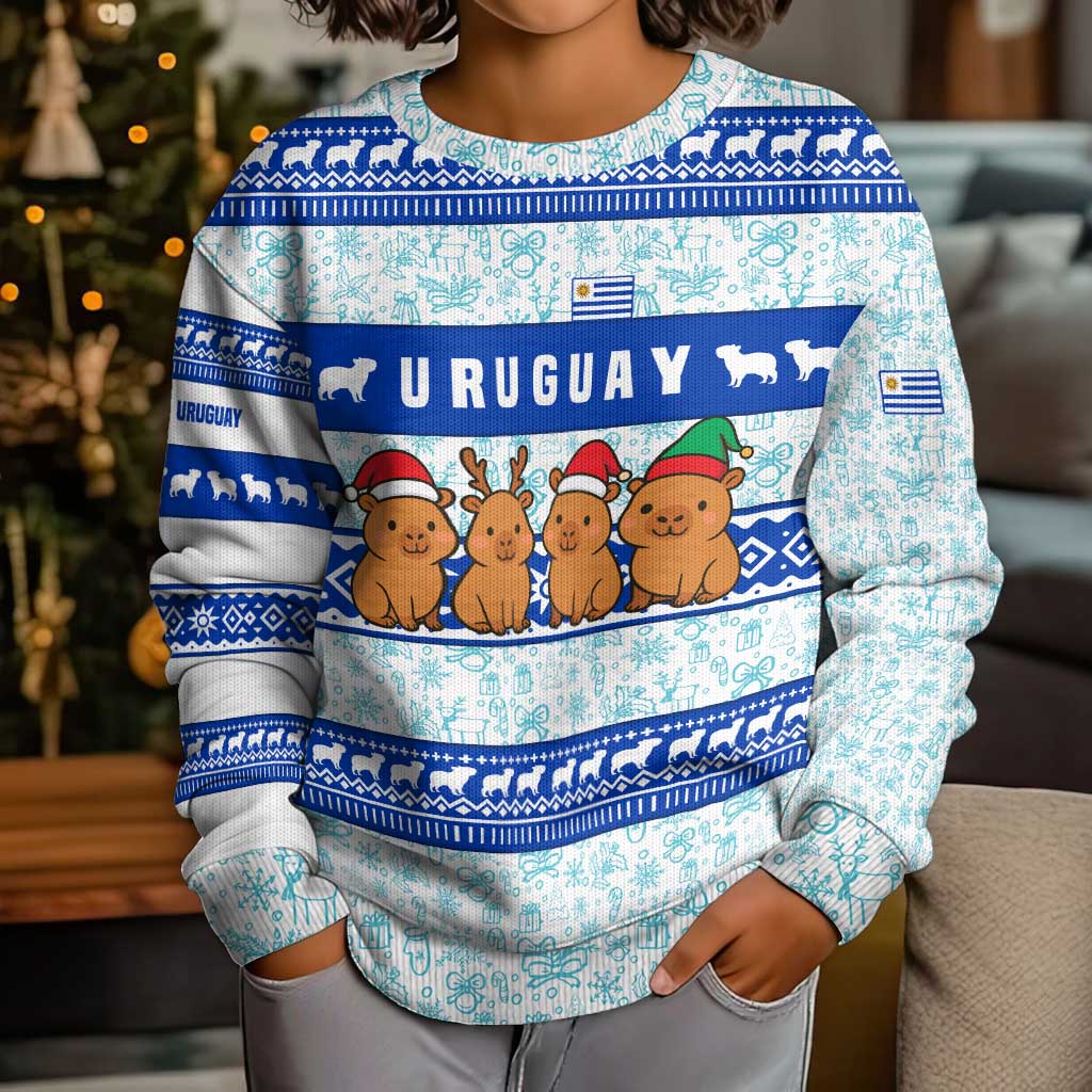 Uruguay Christmas Kid Ugly Christmas Sweater with Capybaras Holiday Tree Sun Emblem and Blue Festive Pattern - Wonder Print Shop