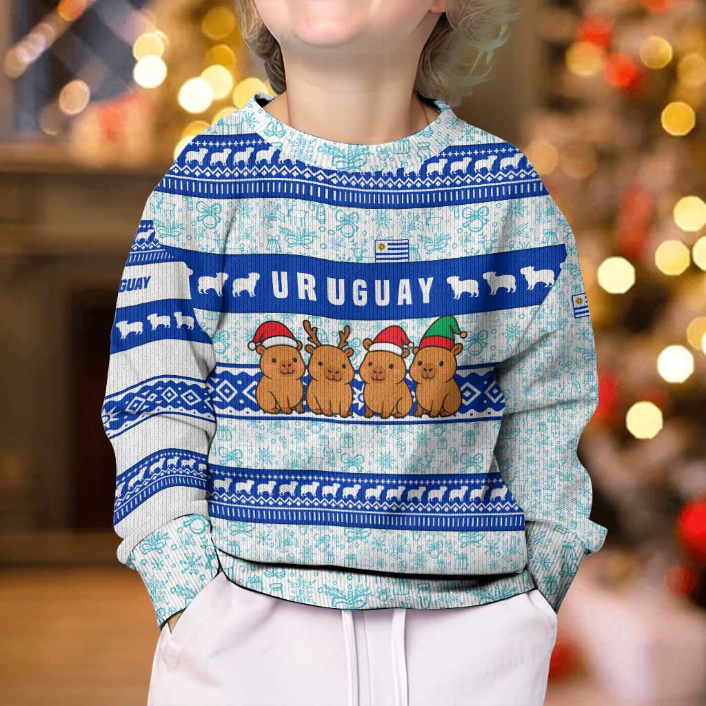 Uruguay Christmas Kid Ugly Christmas Sweater with Capybaras Holiday Tree Sun Emblem and Blue Festive Pattern - Wonder Print Shop