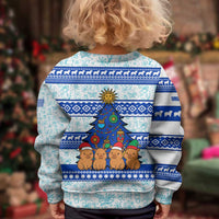Uruguay Christmas Kid Ugly Christmas Sweater with Capybaras Holiday Tree Sun Emblem and Blue Festive Pattern - Wonder Print Shop