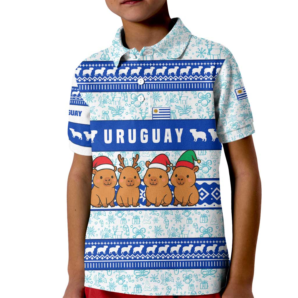 Uruguay Christmas Kid Polo Shirt with Capybaras Holiday Tree Sun Emblem and Blue Festive Pattern - Wonder Print Shop