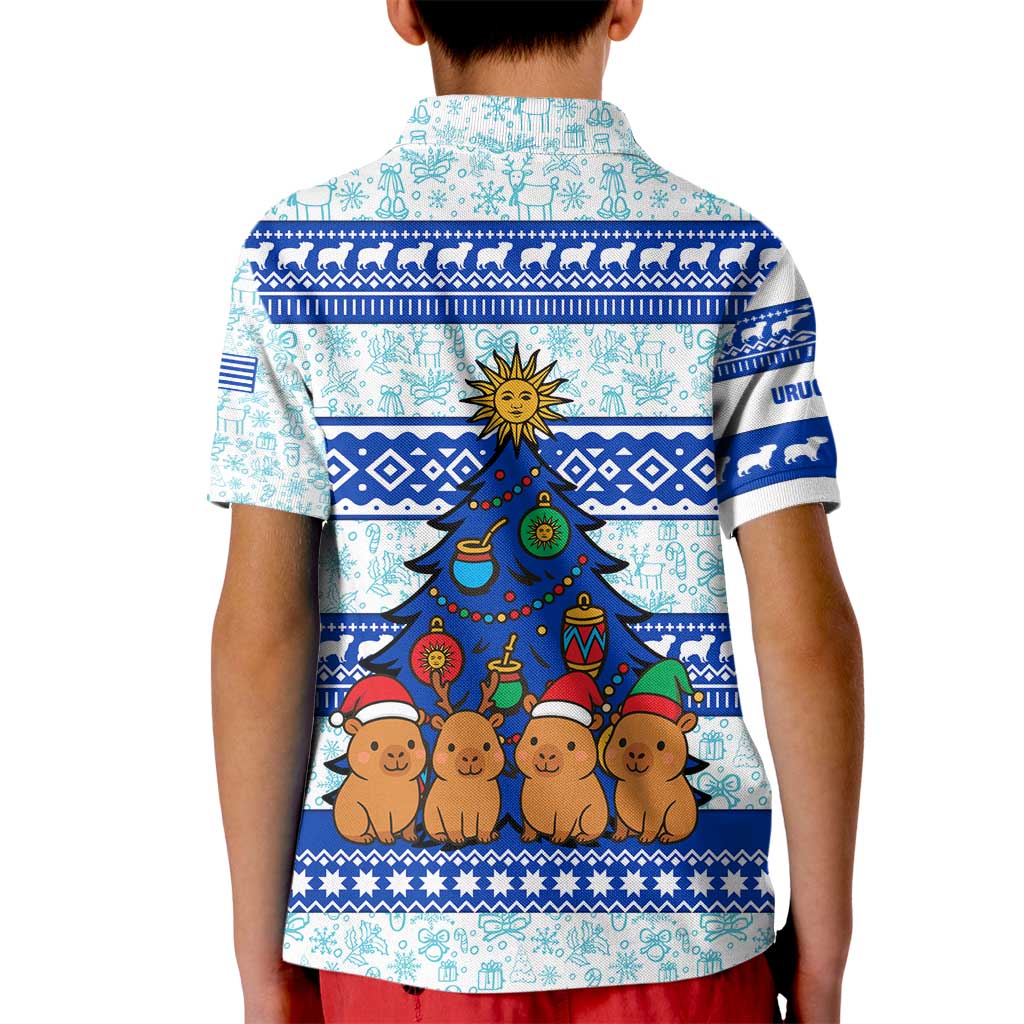 Uruguay Christmas Kid Polo Shirt with Capybaras Holiday Tree Sun Emblem and Blue Festive Pattern - Wonder Print Shop