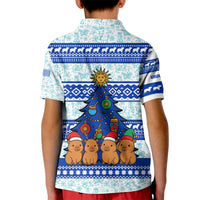 Uruguay Christmas Kid Polo Shirt with Capybaras Holiday Tree Sun Emblem and Blue Festive Pattern - Wonder Print Shop