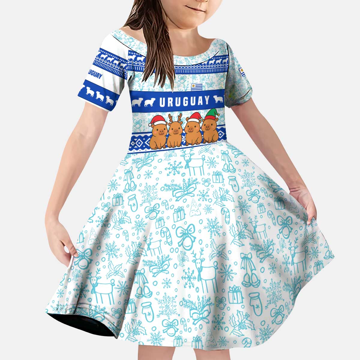 Uruguay Christmas Kid Short Sleeve Dress with Capybaras Holiday Tree Sun Emblem and Blue Festive Pattern - Wonder Print Shop