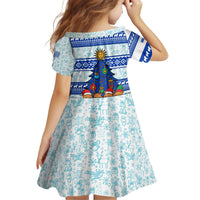 Uruguay Christmas Kid Short Sleeve Dress with Capybaras Holiday Tree Sun Emblem and Blue Festive Pattern - Wonder Print Shop
